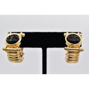 Jesara Vintage Gold Tone Black Cameo Clip On Earrings Statement Signed 80s BinBK